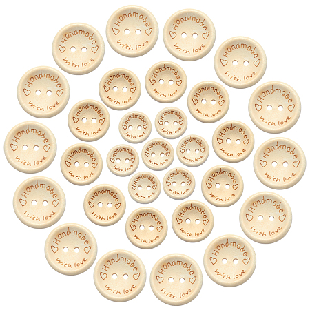 Gorgecraft Wooden Buttons, 2-Hole, Flat Round, with Word Handmade with Love, Mixed Size, Blanched Almond, 15~25x3~4mm, Hole: 2~2.5mm, about 150pcs/set