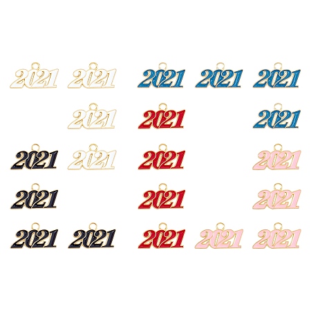 SUNNYCLUE Alloy Enamel Pendants, New Year 2021, Golden, Mixed Color, 19x36x2mm, Hole: 3.5mm; 20pcs/box