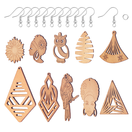 DIY Dangle Earring Making Kits, include Wooden Big Pendants, 304 Stainless Steel Earring Hooks & Jump Rings, Stainless Steel Color, Pendants: 40pcs/set