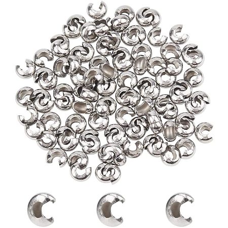Unicraftale 304 Stainless Steel Crimp Beads Covers, with Bead Container, Stainless Steel Color, 5mm In Diameter, about 100pcs/box