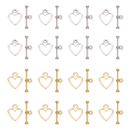 Tibetan Style Alloy Toggle Clasps, Lead Free & Cadmium Free, Heart, Antique Silver & Golden, Heart: about 12mm wide, 14mm long, Bar: about 19mm long, hole: 1.5mm, 300sets/box