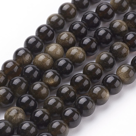 Arricraft Natural Golden Sheen Obsidian Beads Strands, Round, 6mm, Hole: 1mm, 31pcs/strand, 8 inches