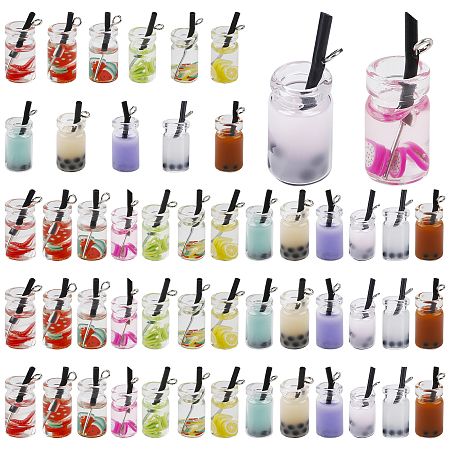 SUNNYCLUE Glass Bottle Pendants, with Resin, Plastic and Iron Findings, Imitation Bubble Tea, Mixed Color, 25~28x10mm; 27x12x10mm; 52pcs/set