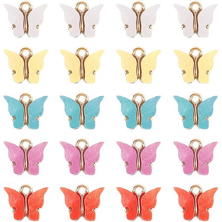 Alloy Pendants, with Resin and Glitter Powder, Butterfly, Golden, Midnight Blue, 13x15x3.5mm, Hole: 2mm; 5 Colors, 6pcs/color, 30pcs/box