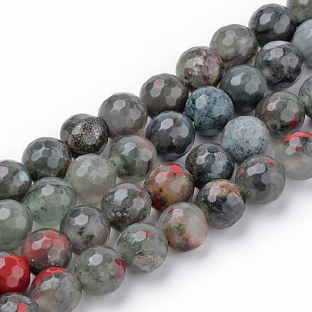 Arricraft Natural African Bloodstone Beads Strands, Heliotrope Stone Beads, Faceted, Round, 8~8.5mm, Hole: 1mm, about 47pcs/strand, 15.5 inches