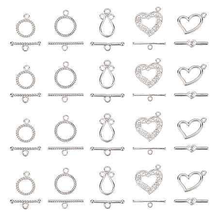 SUPERFINDINGS Brass Toggle Clasps, Mixed Shapes, Platinum, Heart: 28x23x2mm; Bar: about 27x6x2mm, Hole: 2mm, 20sets/box
