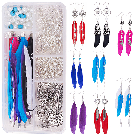 SUNNYCLUE DIY Earring Making, with Goose Feather Pendants, Alloy Links, 304 Stainless Steel Linking Ring and Brass Earring Hooks, Mixed Color, 13.5x7x3cm