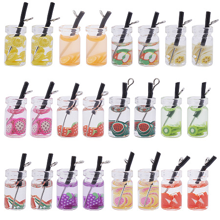 SUNNYCLUE Resin Glass Bottle Pendants, with Plastic and Platinum Plated Iron Findings, Imitation Fruit Juice Tea , Mixed Color, 25~28x10mm, Hole: 1.8mm; 12colors, 2pcs/color, 24pcs/box