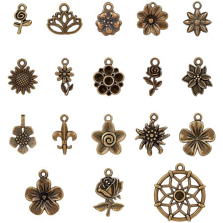 SUNNYCLUE Tibetan Style Alloy Pendants, with CCB Plastic Pendants, Flower, Antique Bronze, 15.5~25.5x9.5~28x2~5mm, Hole: 0.8~2.5mm, 90pcs/box