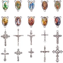 PandaHall Elite 10pcs Antique Silver Tibetan Crucifix Cross Charms Pendants and 10pcs Crucifix Catholic Virgin Oval Chandelier Links for Rosary Holy Beads Necklace Making