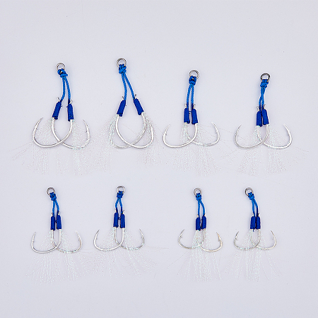 SUPERFINDINGS 8Pcs 4 Style Sea Fishing Iron Hook, Fishing Lure, with Plastic Tassel, Blue, 72~86mm, Hole: 4~5mm, Hook: 29~43x20~31x1.5~2mm, 2pcs/style