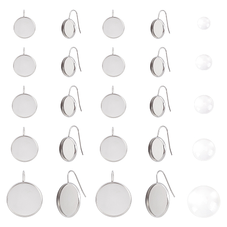 Unicraftale 40Pcs 5 Styles Flat Round 304 Stainless Steel Earring Hooks Settings, with 40Pcs Transparent Glass Cabochons, for DIY Earring Making Kits, Stainless Steel Color, 18mm, 21 Gauge, Pin: 0.7mm, 8pcs/style