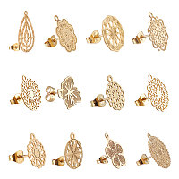 304 Stainless Steel Stud Earring Findings, with Loop, Mixed Shapes, Golden, 17x14.5mm, Hole: 1mm; pin: 0.7mm