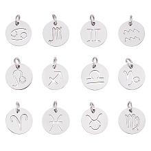 Unicraftale 12 Constellation/Zodiac Sign 304 Stainless Steel Charms, Flat Round, Mixed, 12x1mm, Hole: 3mm; 12constellation, 2pcs/constellation, 24pcs/box