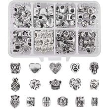 NBEADS 1 Box 96 Pcs Antique Silver 16 Assorted Mixed Shape European Beads Tibetan Style Alloy Large Hole Beads Spacer Loose Beads Charm Beads Fit European Bracelet Pendant