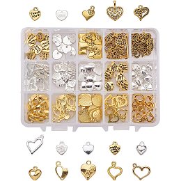 PandaHall Elite 150 Pcs Tibetan Style Alloy Heart Charm Pendants 15 Styles for Jewelry Making 2 Colors