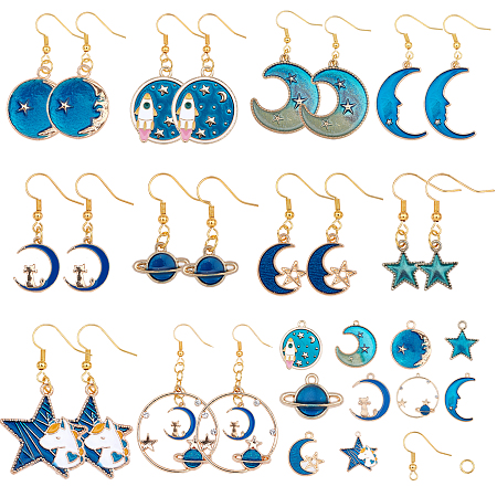SUNNYCLUE DIY Earring Makings, with Alloy Enamel Pendants, Brass Earring Hooks and Iron Jump Ring, Moon/Star, Golden, Mixed Color, 7.4x7.2x1.7cm