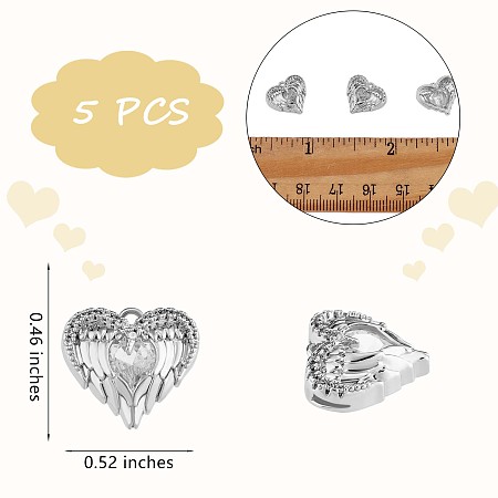Arricraft 5 Pieces Angel Wing Love Heart Charm Pendant Heart Clear Cubic Zirconia Charm Copper Plating for Jewelry Necklace Earring Making Crafts, Platinum, 11.6x13.3mm, Hole: 1.2mm