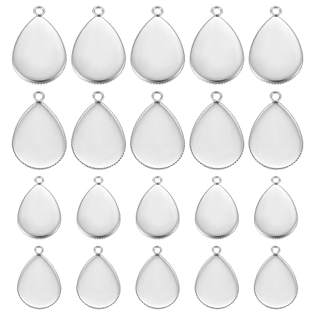 Unicraftale 304 Stainless Steel Pendant Cabochon Settings, Milled Edge Bezel Cups, Teardrop, Stainless Steel Color, 21~29x13.5~18.5x1.2~1.5mm, Hole: 2mm, 40pcs/box