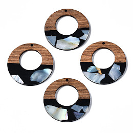 Honeyhandy Opaque Resin & Walnut Wood Pendants, with Shell Chips, Two Tone, Donut, Black, 38x3mm, Hole: 2mm