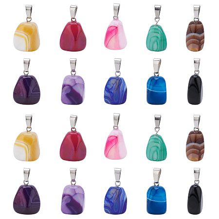 Natural Banded Agate/Striped Agate Pendants, Dyed, with Stainless Steel Snap On Bails, Cuboid, Stainless Steel Color, Mixed Color, 20~23x9~13x9~13mm, Hole: 3~4x7~8.5mm, 20pcs/box