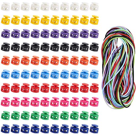 Plastic Spring Cord Locks, with Iron Findings, Elastic Cord, Mixed Color, 17x17x16mm, Hole: 4x6.5mm; 100pcs