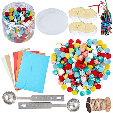 CRASPIRE Sealing Wax Beads Wax Seal Kit, include Wax Seal Spoon, Vintage Envelopes, Hemp String, Satin Ribbon, Mixed Color, 9x5mm