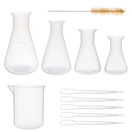 Olycraft Plastic Beaker Sets, with Tube Bottle Wash Cleaning Brush and Disposable Plastic Dropper, Plastic Measuring Cup, Clear, Beaker: 50ml/100ml/250ml/500ml; 4pcs/set