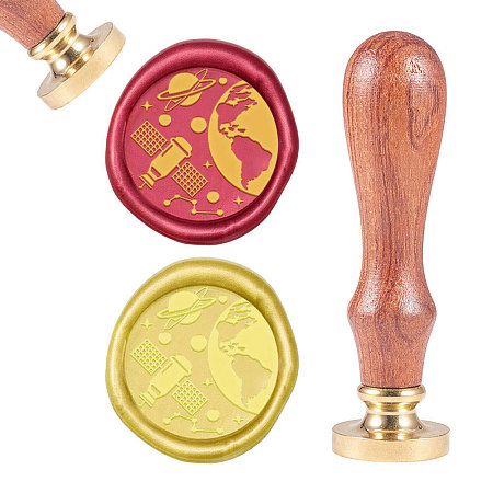 CRASPIRE Brass Wax Seal Stamp, with Natural Rosewood Handle, for DIY Scrapbooking, Planet Pattern, Stamp: 25mm, Handle: 79.5x21.5mm