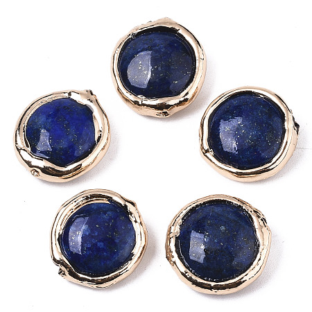 Arricraft Natural Lapis Lazuli Beads, with Light Gold Plated Polymer Clay Edge, Flat Round, 17~19x17~18x5~7mm, Hole: 1.2mm