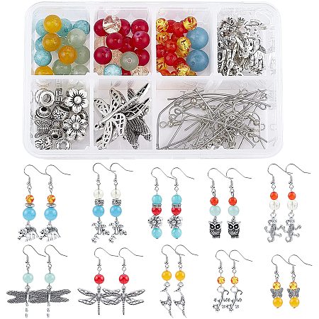 SUNNYCLUE DIY Dangle Earring Making Kits, with Alloy Pendants, Alloy Beads, Glass Beads, Gemstone Beads, Brass Earring Hooks, Antique Silver, 28x35.5x2mm, Hole: 1.5mm