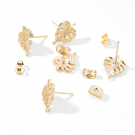 Brass Stud Earring Findings, with Ear Nuts and Loop, 925 Sterling Silver Pins, Monstera Leaf, Real 18K Gold Plated, 20pcs/box