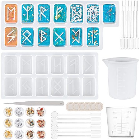 Olycraft DIY Epoxy Resin Crafts Kits, with Futhorc Silicone Molds, UV Gel Nail Art Tinfoil, Plastic Measuring Cups, Plastic Round Stirring Rod & Transfer Pipettes, Latex Finger Cots, White, 150x72x10mm, 175x73x10mm, Inner Diameter: 20x30mm; 2pcs/set, 1set