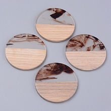 Honeyhandy Resin & Wood Pendants, Two Tone, Flat Round, Brown, 38x2~3mm, Hole: 2mm