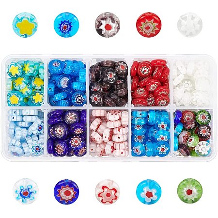 Olycraft Handmade Millefiori Glass Beads, Flat Round, Mixed Color, 10x4mm, Hole: 1.5mm; 10 colors, about 40pcs/color, 400pcs/box