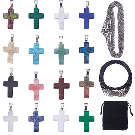 SUNNYCLUE DIY Necklace Making, with Natural/Synthetic Gemstone Cross Pendants, Waxed Cotton Cord Necklace Makings and 304 Stainless Steel Cable Chain Necklaces, Platinum, 29~30x18~19x5~6mm, Hole: 6x4mm
