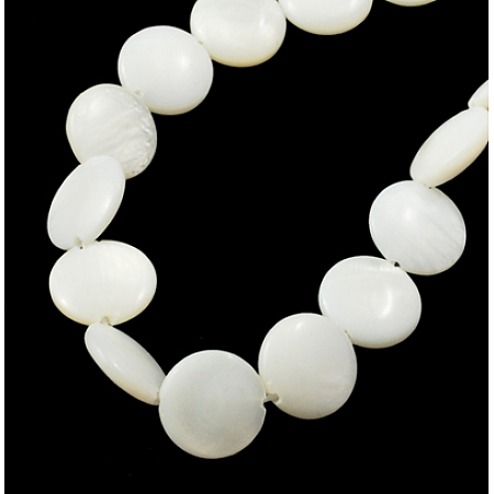 Honeyhandy Natural Shell Beads Strands, Flat Round, White, 8x3mm, Hole: 1mm, about 50pcs/strnad, 15.3 inch