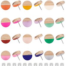 Olycraft Resin & Wood Stud Earrings, with 304 Stainless Steel Pins and Iron Ear Nuts, Flat Round, Mixed Color, 15mm, Pin: 0.7mm; 12 colors, 1pair/color, 12pairs/box