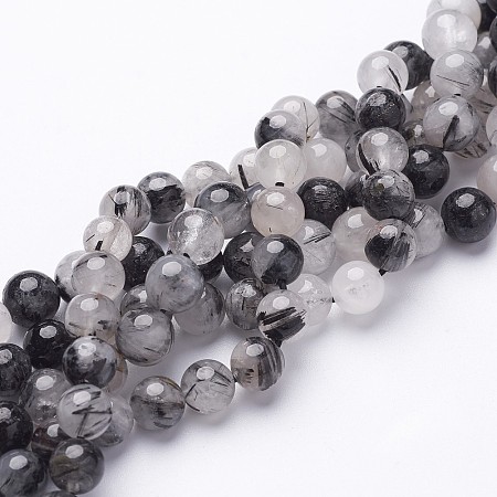 Arricraft Natural Black Rutilated Quartz Beads Strands, Round, 8mm, Hole: 1mm, 23pcs/strand, 8 inches