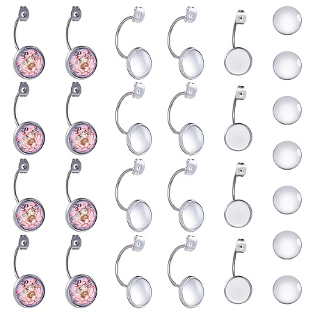SUNNYCLUE DIY Earring Makings, with 304 Stainless Steel Ear Nuts, Earring Backs and Transparent Glass Cabochons, Flat Round, Stainless Steel Color, Tray: 12mm, 29.5x14x17mm, Hole: 0.8mm; 11.5~12x4mm