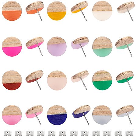 Olycraft Resin & Wood Stud Earrings, with 304 Stainless Steel Pins and Iron Ear Nuts, Flat Round, Mixed Color, 15mm, Pin: 0.7mm; 12 colors, 1pair/color, 12pairs/box