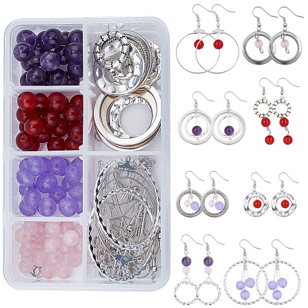 SUNNYCLUE DIY Earrings Making, with Natural Jade & Rose Quartz & Malaysia Jade & Amethyst Beads, Alloy Linking Rings and Brass Earring Hooks, Mixed Color