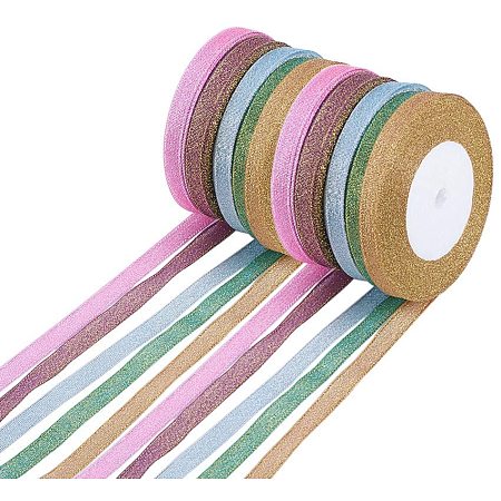 Polyester Organza Ribbon, Sparkle Ribbon, Mixed Color, 10mm; about 25yards/roll, 10rolls/set