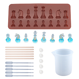 SUNNYCLUE Chess Silicone Mold Kits, with 100ml Measuring Cup Silicone Glue Tools, Disposable Plastic Transfer Pipettes and Birch Wooden Craft Ice Cream Sticks, Mixed Color, 20.8x8.8x0.9cm; Inner: 2.2~4.7cm