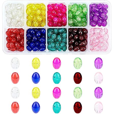 SUPERFINDINGS Transparent Crackle Glass Beads Strands, Oval, Mixed Color, 8x5.5~6mm, Hole: 1mm, 10 colors, 40~50pcs/color, 400~500pcs/box