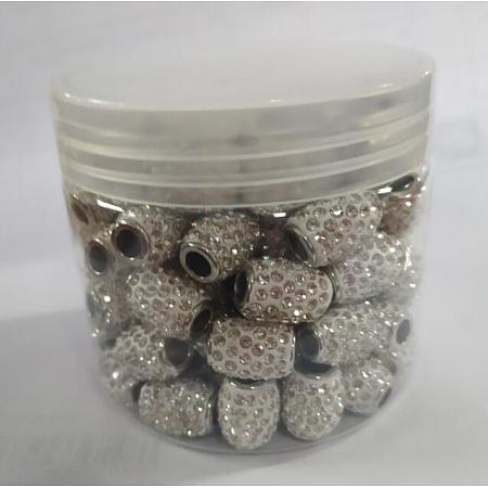 NBEADS Handmade Polymer Clay Rhinestone European Beads, Large Hole Barrel Beads, with Platinum Tone Brass Single Cores, Crystal, 15x11~12mm, Hole: 5mm; 100pcs/box