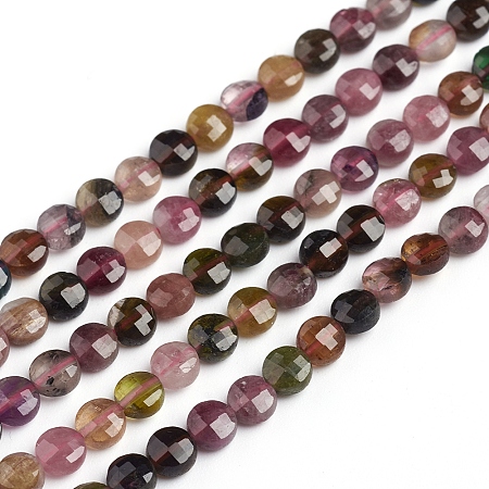 ARRICRAFT Natural Tourmaline Beads Strands, Flat Round, Faceted, 4x3mm, Hole: 0.8mm, about 88pcs/strand, 14.57 inches(37cm)