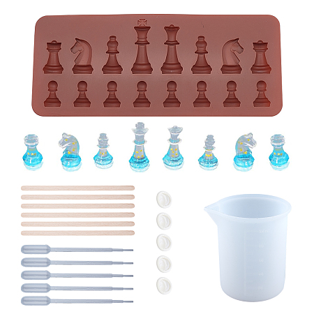 SUNNYCLUE Chess Silicone Mold Kits, with 100ml Measuring Cup Silicone Glue Tools, Disposable Plastic Transfer Pipettes and Birch Wooden Craft Ice Cream Sticks, Mixed Color, 20.8x8.8x0.9cm; Inner: 2.2~4.7cm