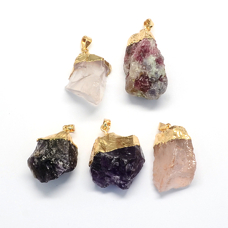 PANDAHALL ELITE Natural Crystal Pendants/Labradorite Pendants, Top Golden Plated, with Golden Tone Brass Snap on Bails, Nuggets, 30~38x15~30x12~20mm, Hole: 6x5mm, 5pcs/box