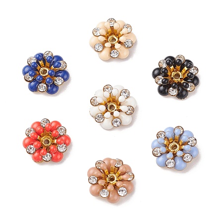 ARRICRAFT Brass Bead Caps, with Enamel and Rhinestone, Flower, Golden, Mixed Color, 12x5mm, Hole: 0.8mm, Inner Diameter: 3mm